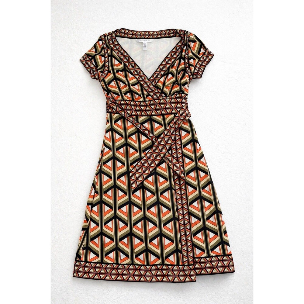Diane von Furstenberg Silk Wrap Dress Size 4 Geometric Print V-Neck, Y2K, DVF